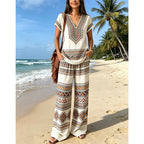 Conjunto boho de mujer de dos piezas con blusa de escote en V y pantalones anchos