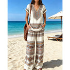 Conjunto boho de mujer de dos piezas con blusa de escote en V y pantalones anchos