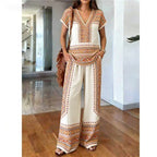 Conjunto boho de mujer de dos piezas con blusa de escote en V y pantalones anchos