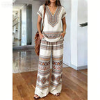 Conjunto boho de mujer de dos piezas con blusa de escote en V y pantalones anchos