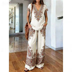 Conjunto boho de mujer de dos piezas con blusa de escote en V y pantalones anchos