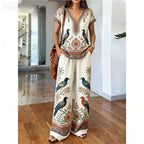 Conjunto boho de mujer de dos piezas con blusa de escote en V y pantalones anchos