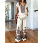 Conjunto boho de mujer de dos piezas con blusa de escote en V y pantalones anchos