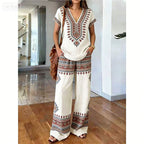 Conjunto boho de mujer de dos piezas con blusa de escote en V y pantalones anchos