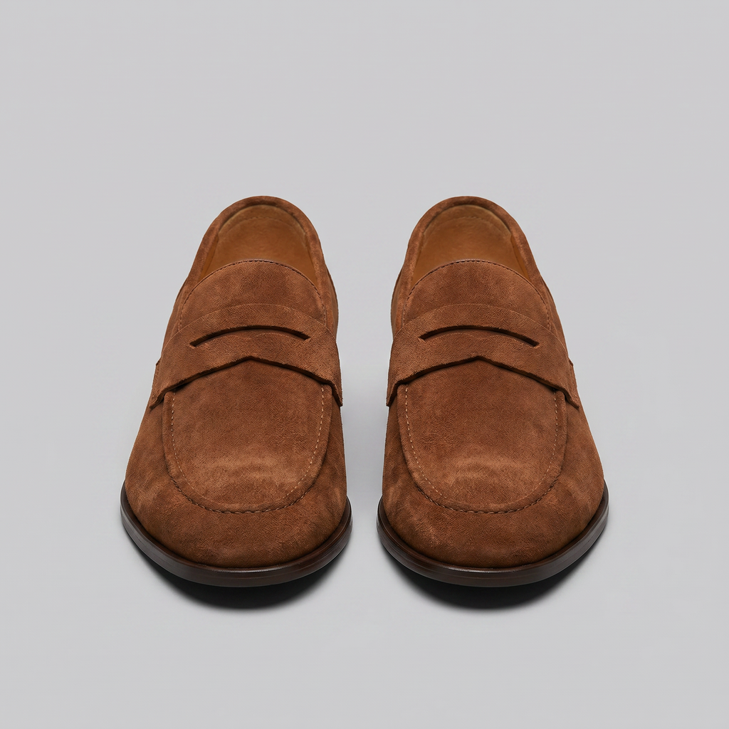 Penny loafers de homem com biqueira redonda e sola plana