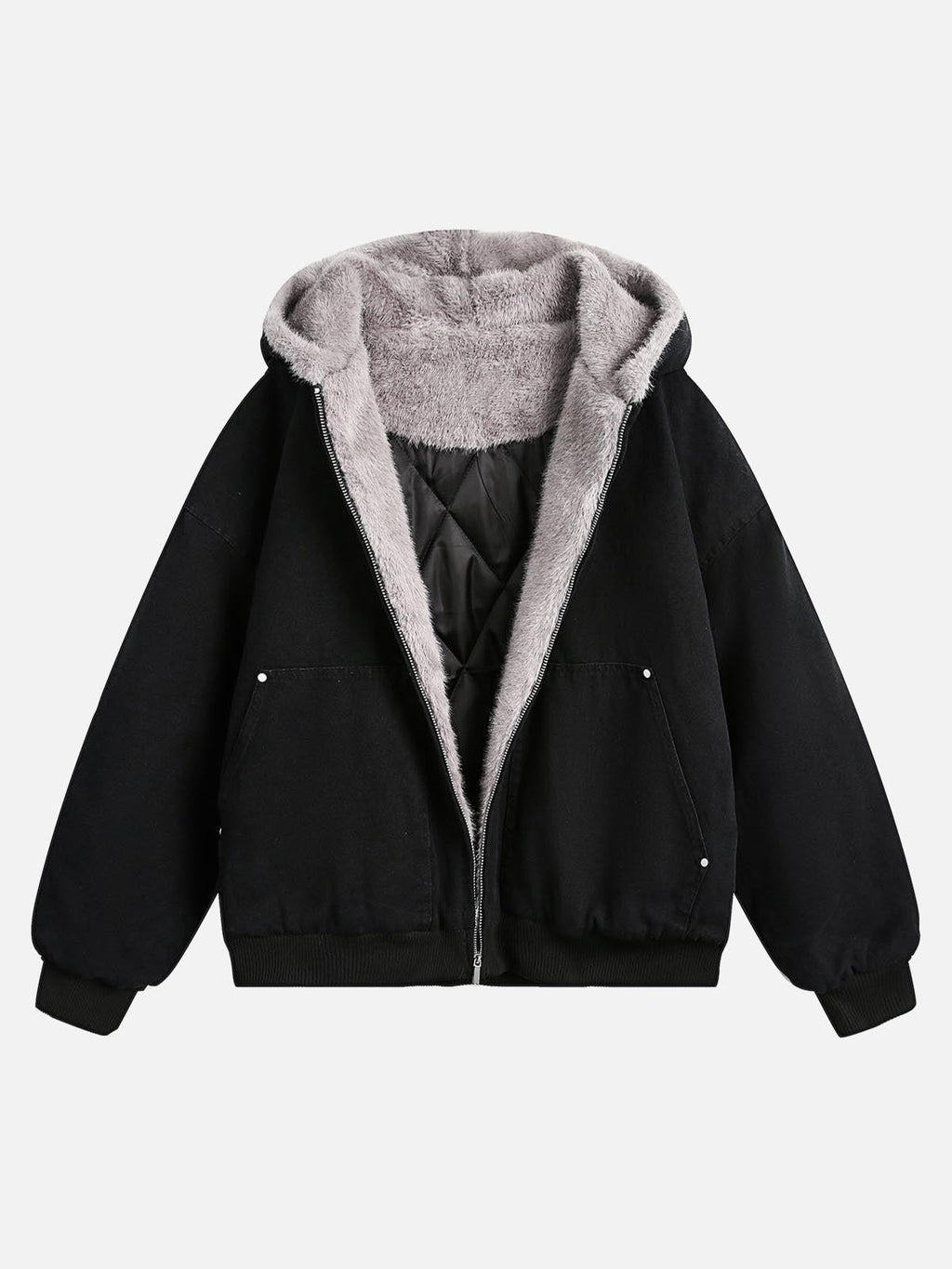 Quiltet unisex jakke med hætte og pelsfinish, med lynlås