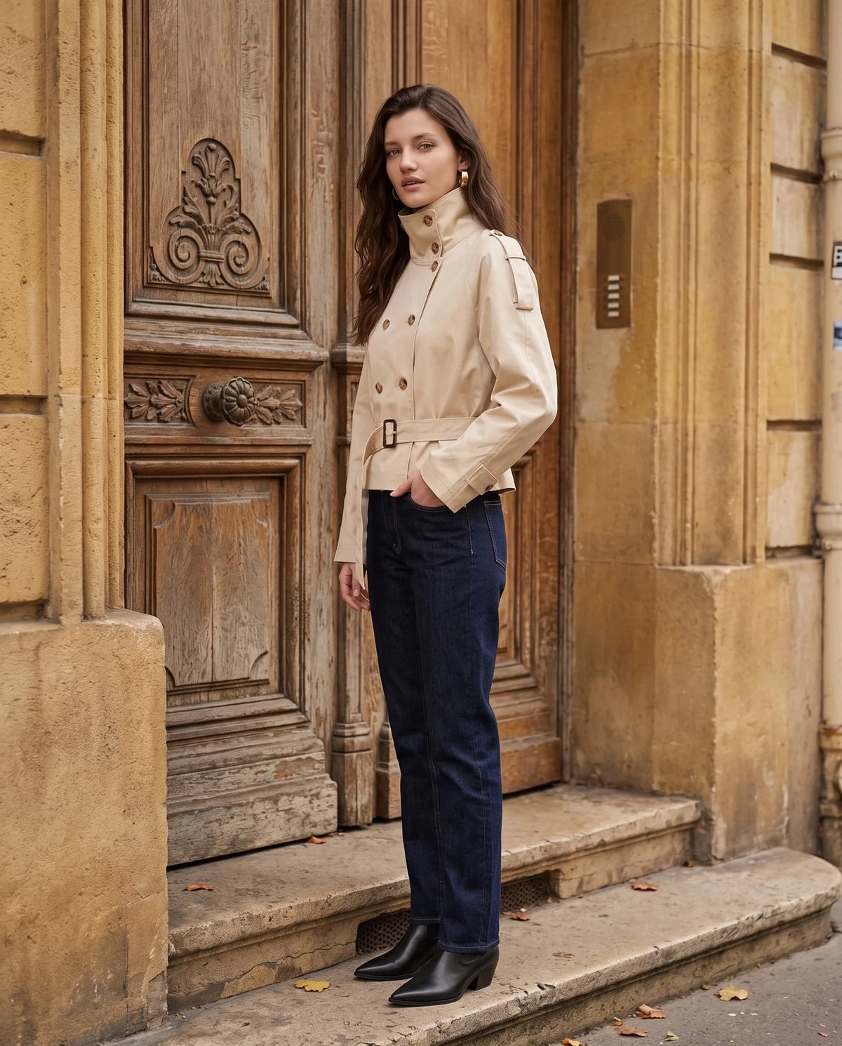Casaco curto de mulher estilo trench com gola alta e cinto