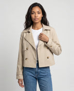 Casaco trench coat curto de peito cruzado de mulher, bege