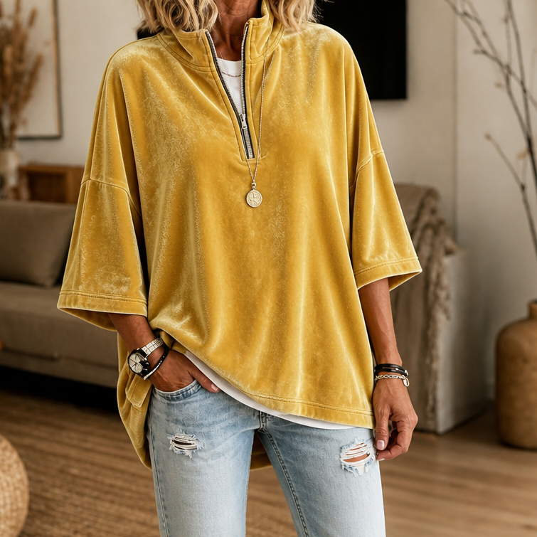 Sudadera de mujer con acabado aterciopelado, cuello alto y cremallera corta