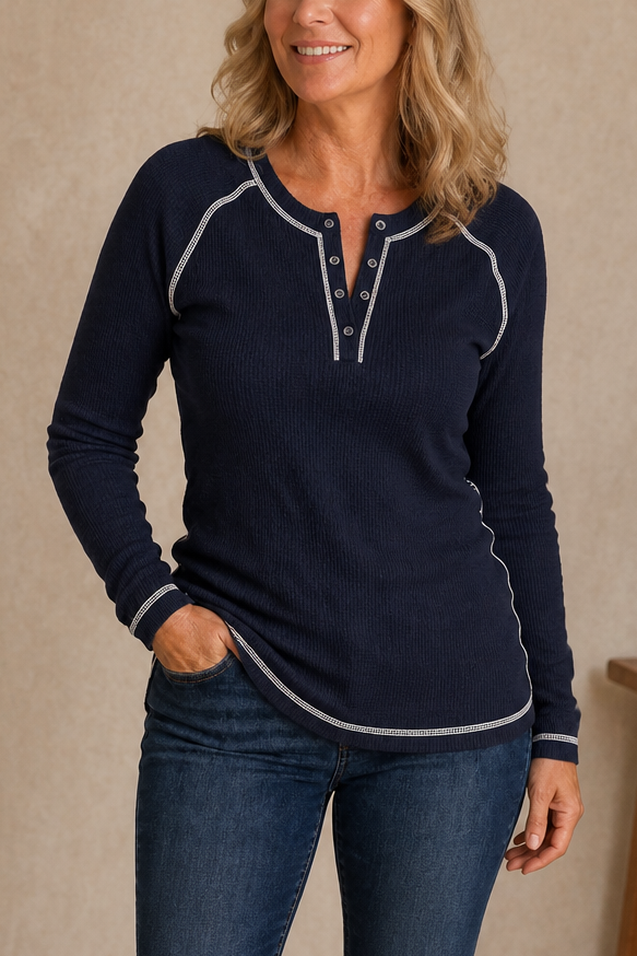 Blouse henley femme à surpiqûres contrastées