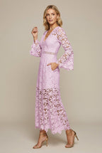 Rochie maxi de damă din dantelă, decolteu V, mânecă lungă, model ajurat