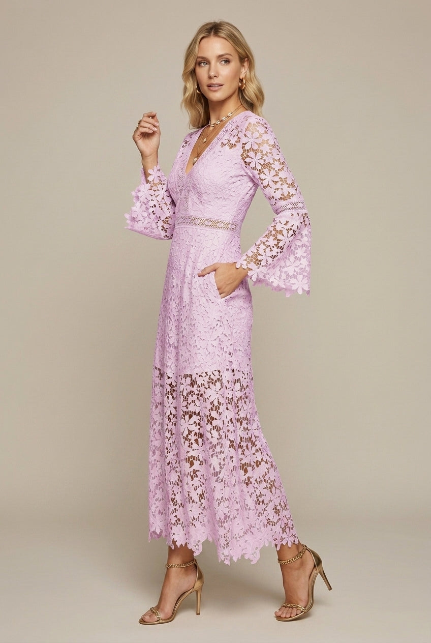 Vestito maxi in pizzo donna, scollo a V, manica lunga, motivo traforato