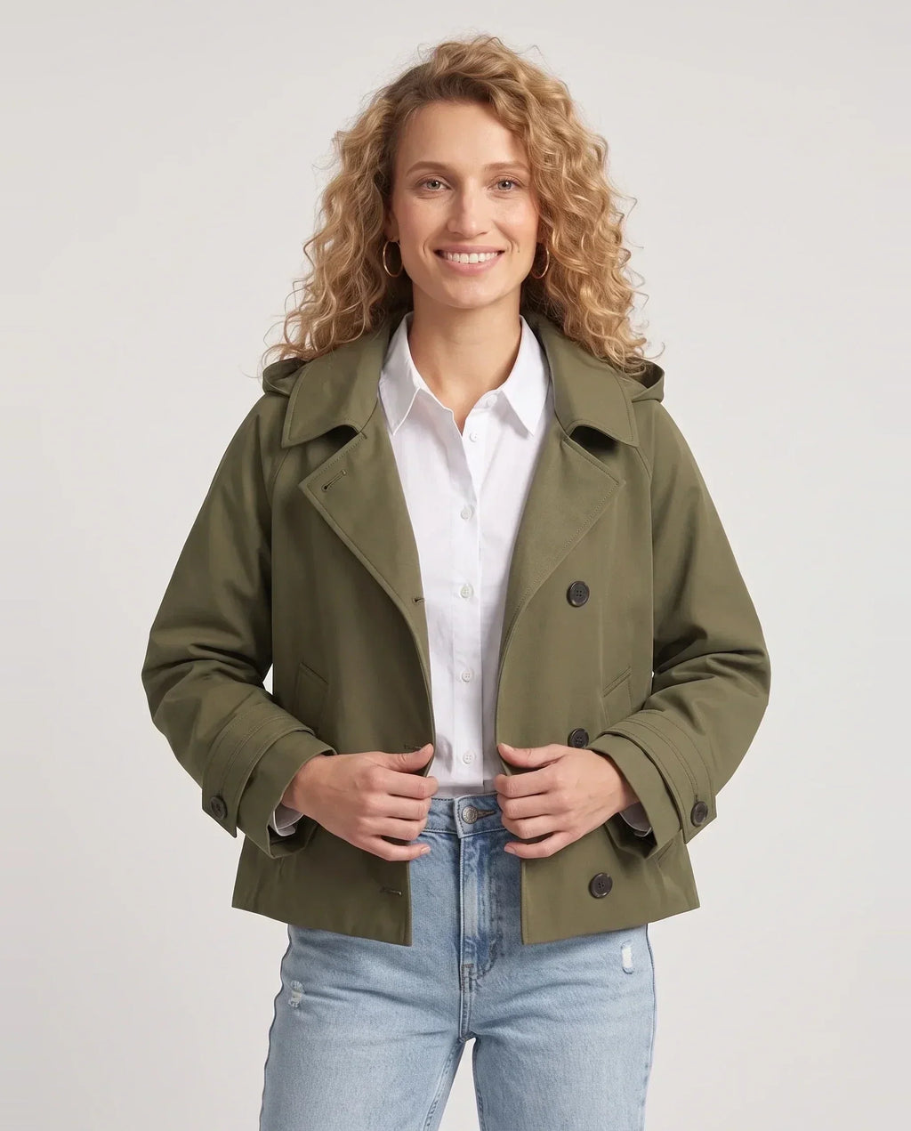 Veste courte femme style trench à capuche et double boutonnage