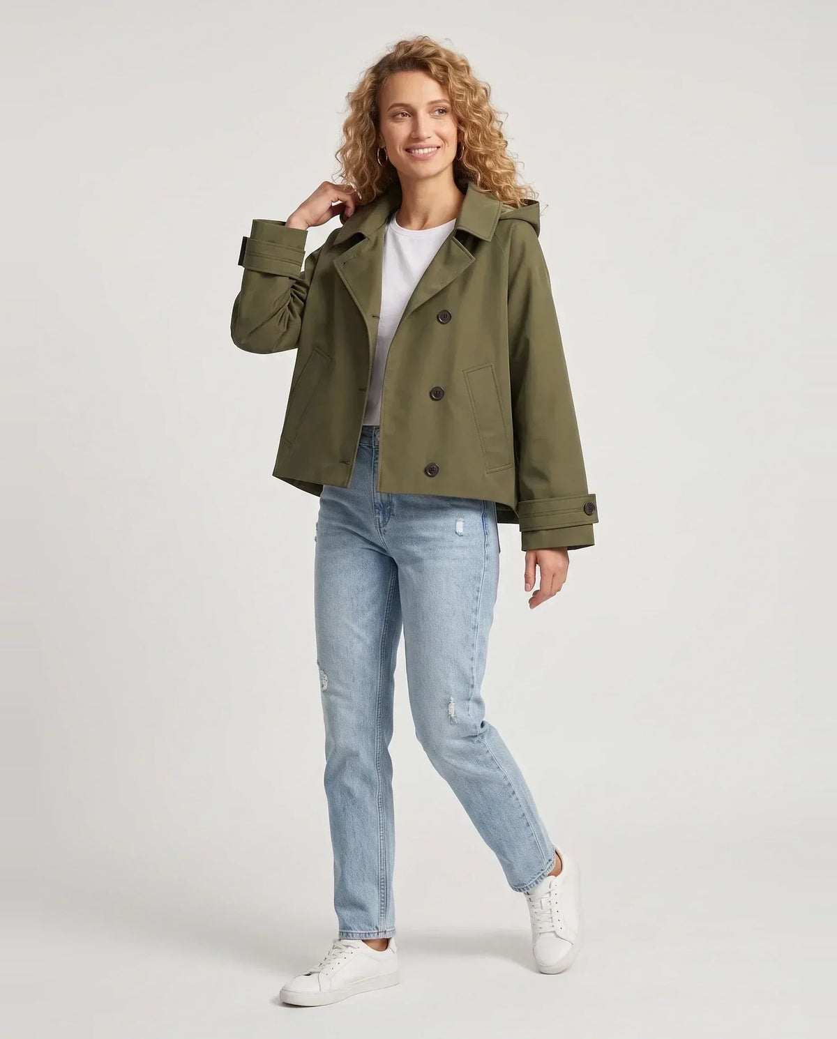 Veste courte femme style trench à capuche et double boutonnage