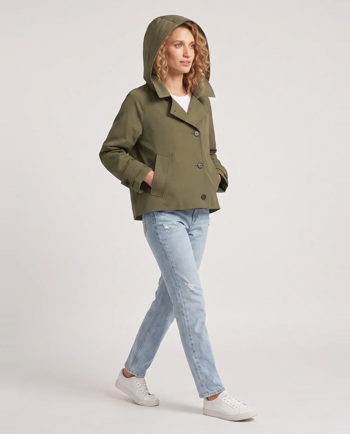 Veste courte femme style trench à capuche et double boutonnage