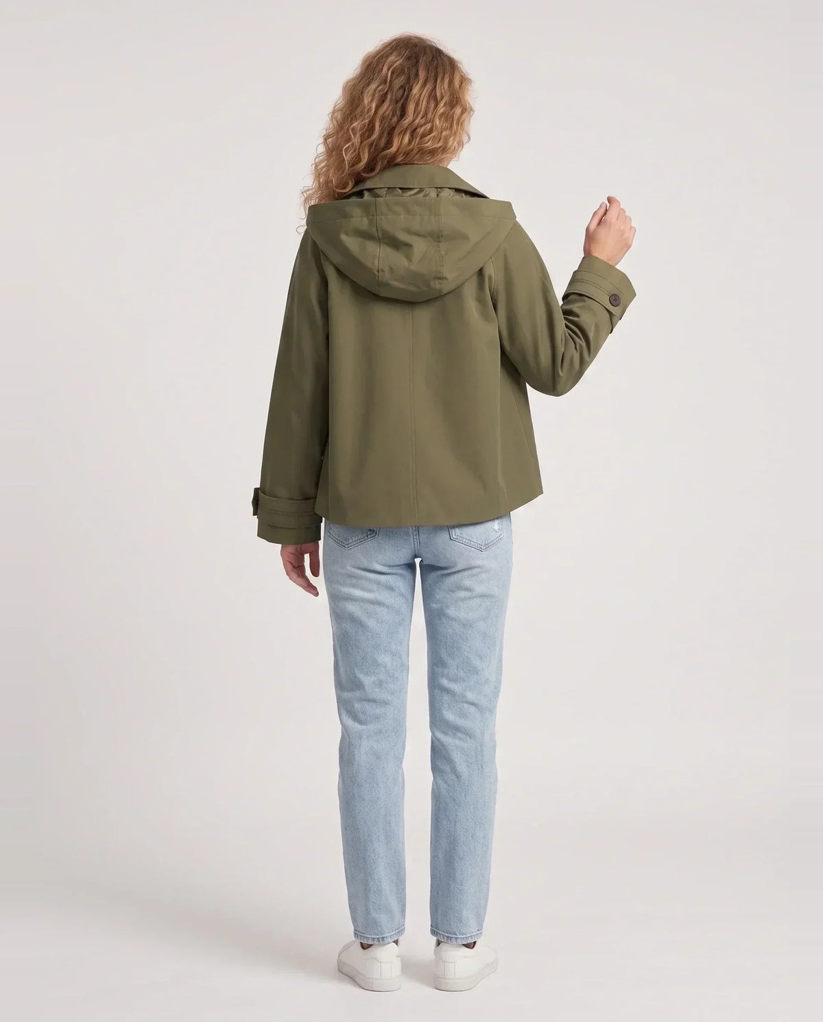 Veste courte femme style trench à capuche et double boutonnage