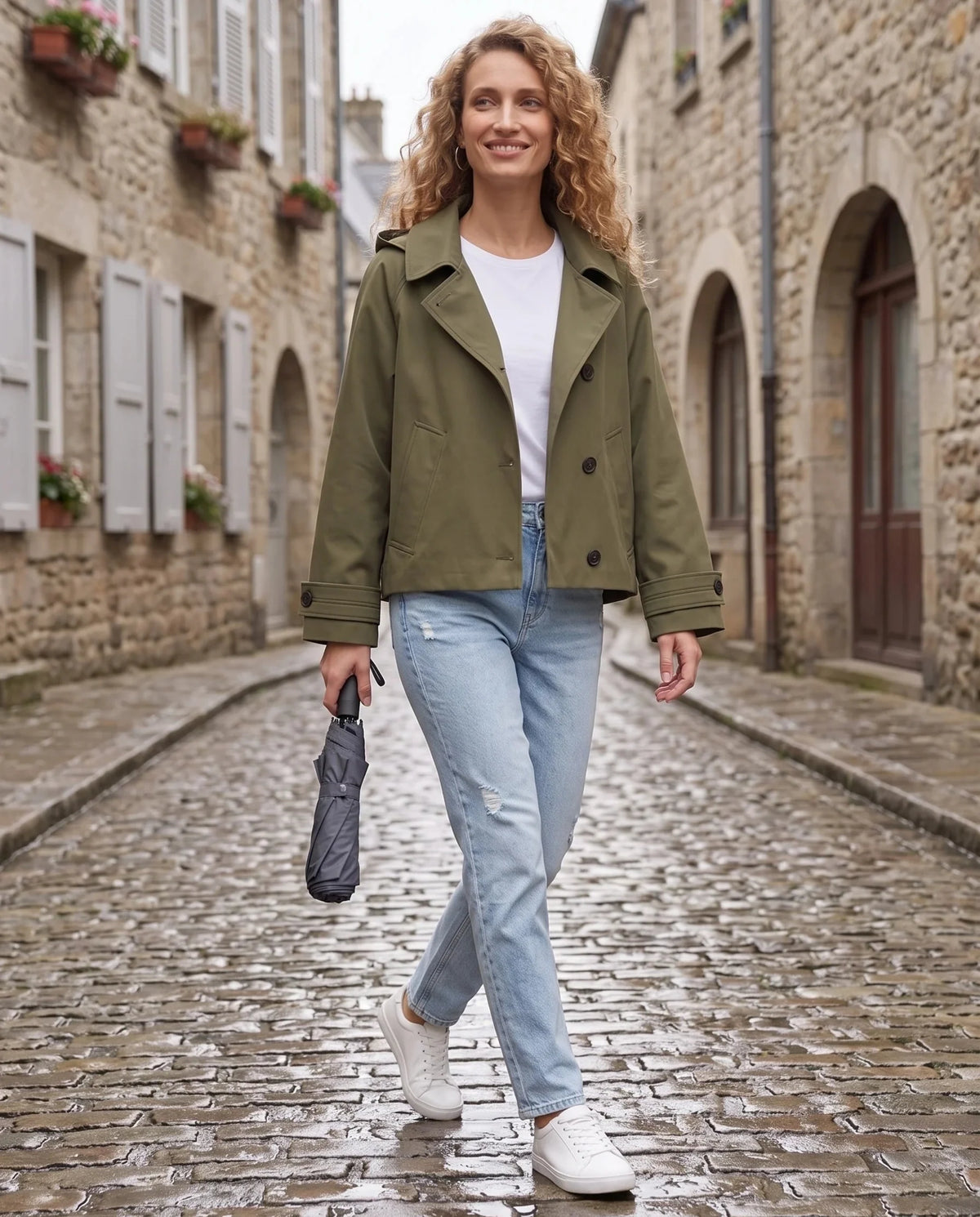 Veste courte femme style trench à capuche et double boutonnage