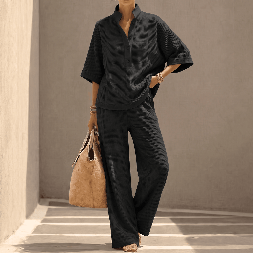 Completo donna in maglia con polo e pantaloni larghi