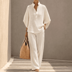 Completo donna in maglia con polo e pantaloni larghi