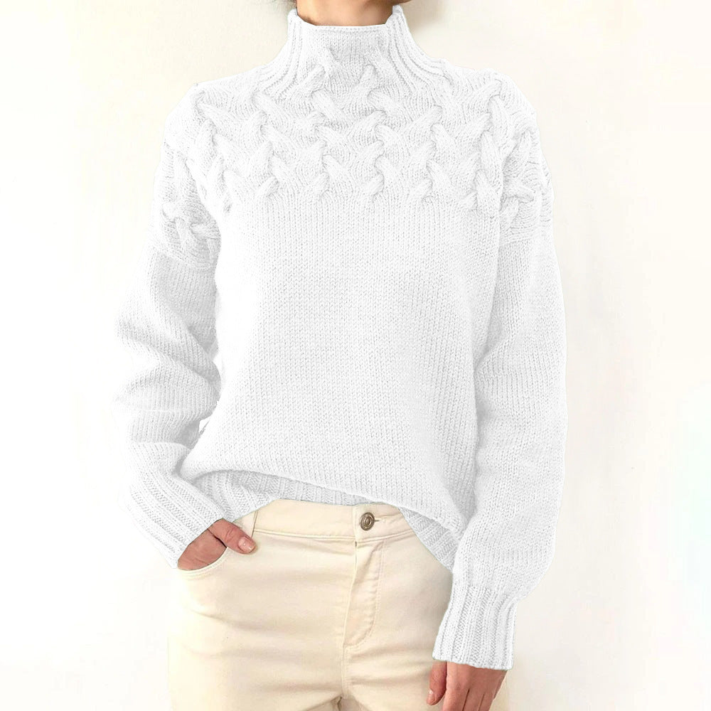 Pull femme à col roulé, torsades et manches longues