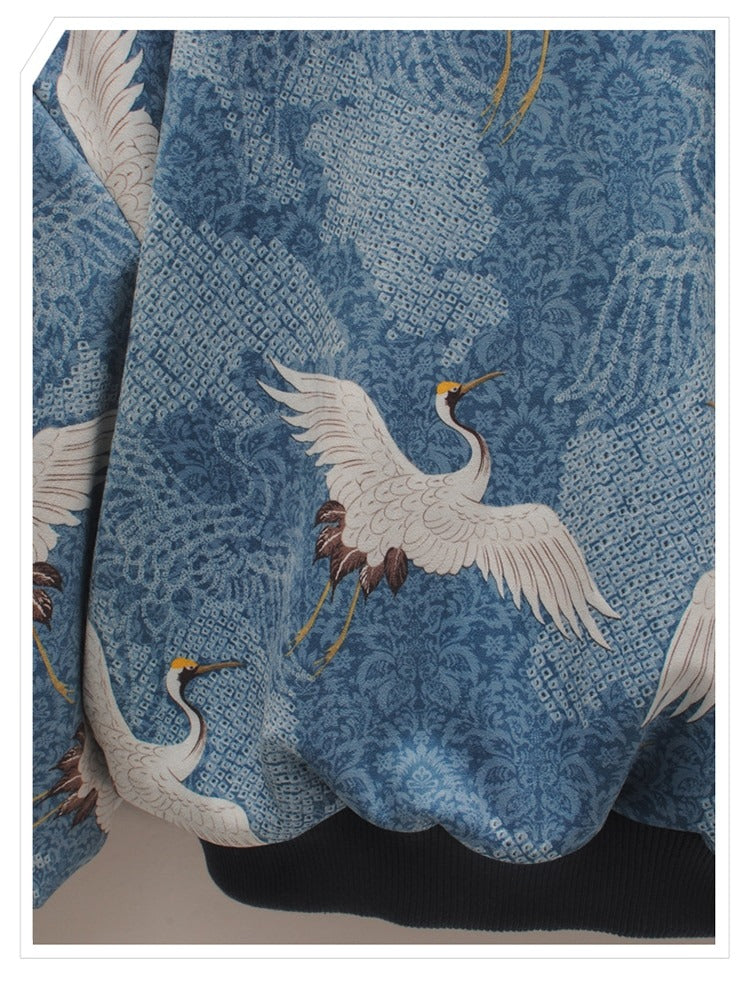 Sweater til damer med tranemønster og puffede ærmer