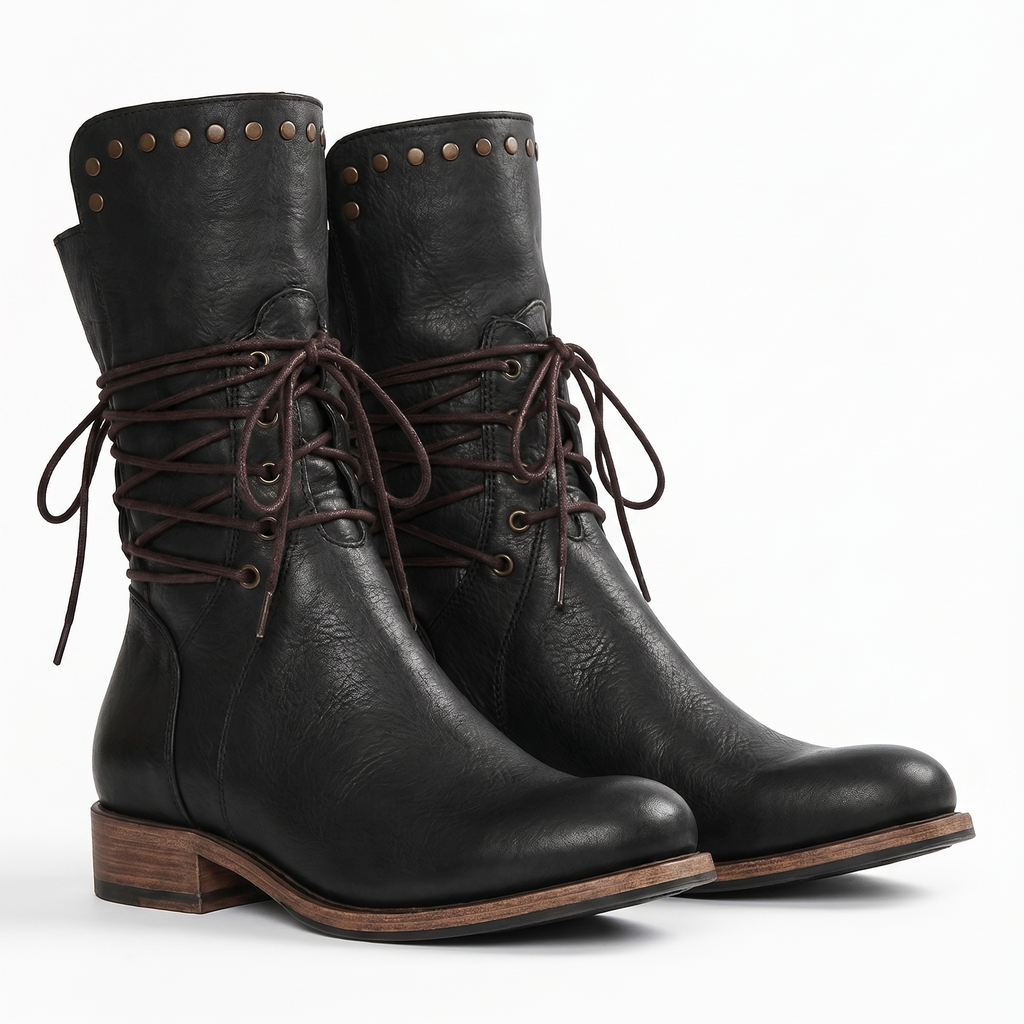 Botines de mujer hasta media pantorrilla con cordones y tachuelas
