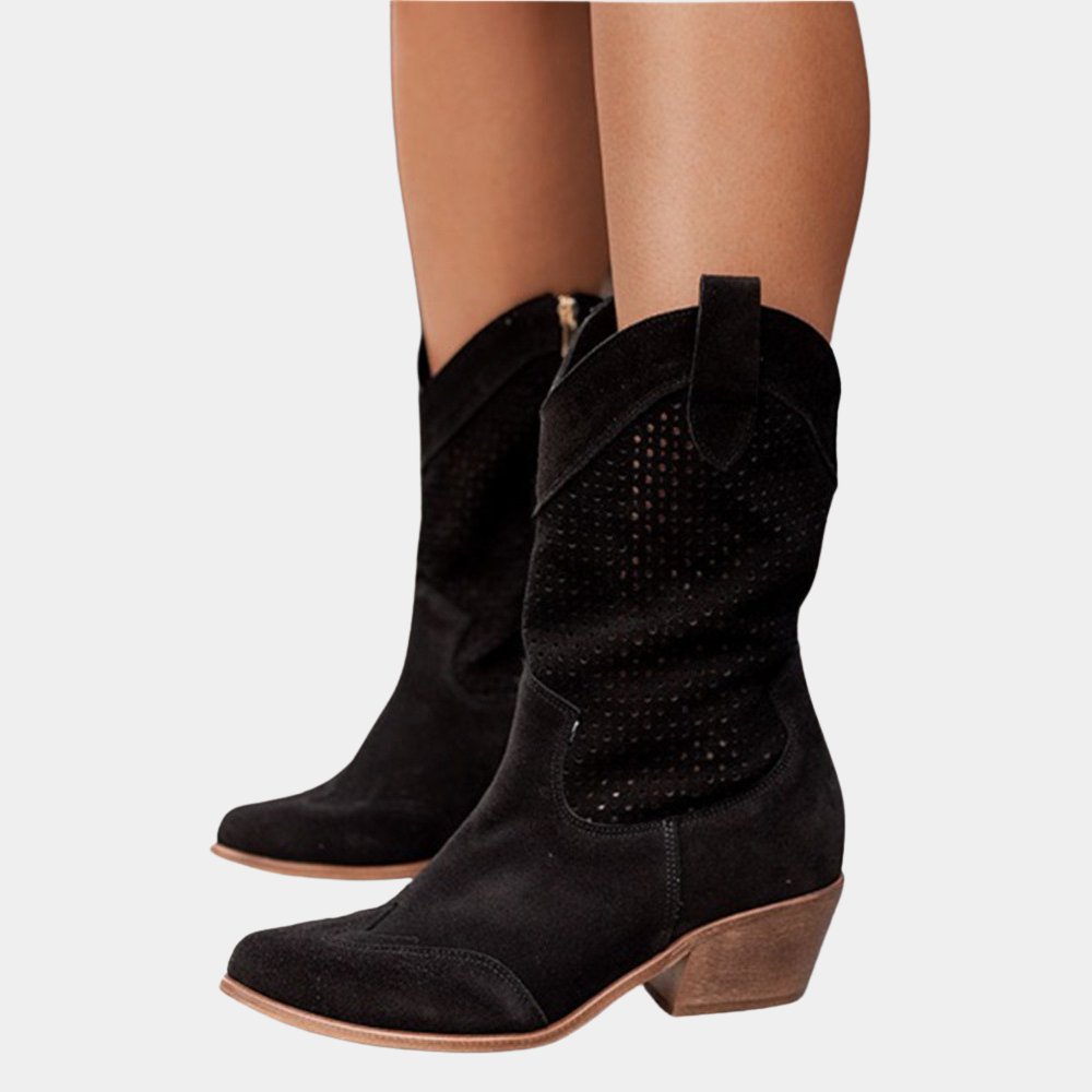 Botas camperas de mujer caladas con tacón bajo y remate bordado