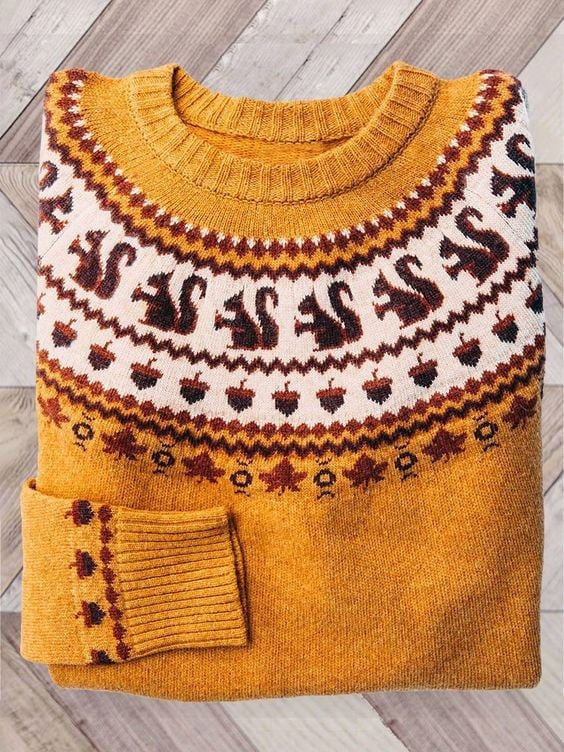 Damski sweter Fair Isle z okrągłym dekoltem, długimi rękawami i sezonowym wzorem