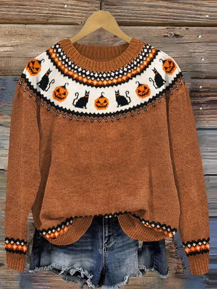 Damski sweter Fair Isle z okrągłym dekoltem, długimi rękawami i sezonowym wzorem