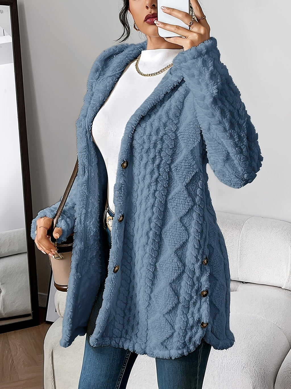 Cardigan donna con cappuccio, testurizzato, con bottoni