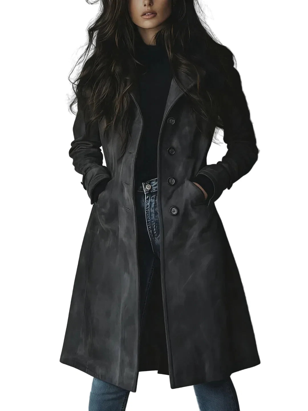 Manteau long femme à boutons et poches latérales