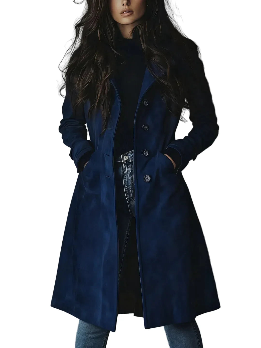 Manteau long femme à boutons et poches latérales