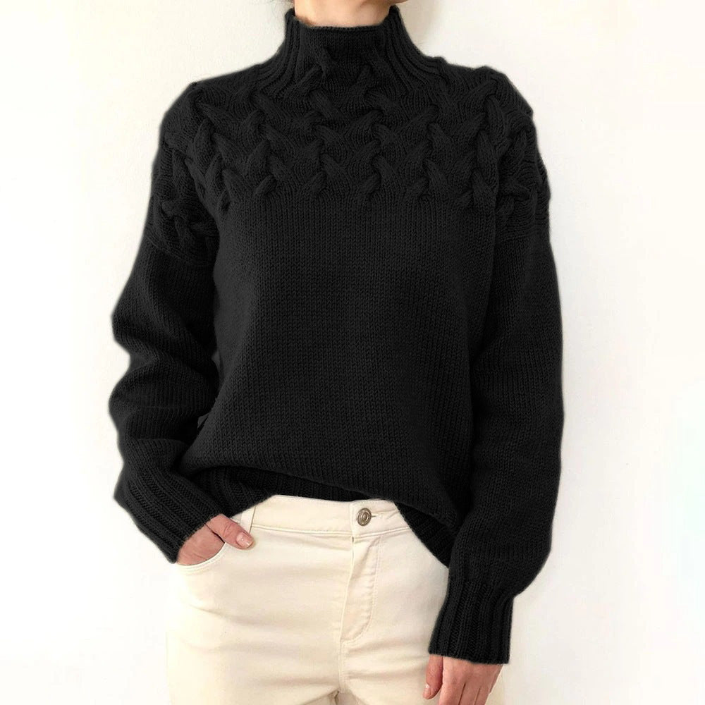 Pull femme à col roulé, torsades et manches longues